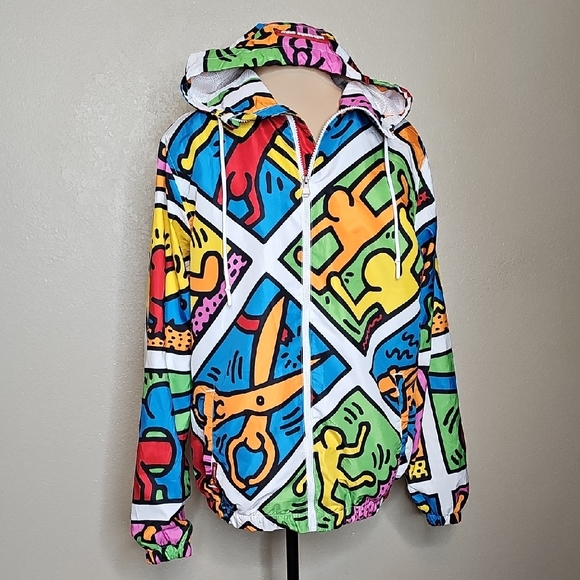 RARE Members Only X KEITH HARING Colorful Pop Art Windbreaker Jacket Mens Small - Picture 1 of 7